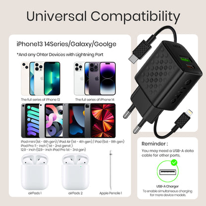 Nettlader med Lightning-kabel Lito LC15L, 20W, 3A, 1 x USB-A - 1 x USB-C, Svart
