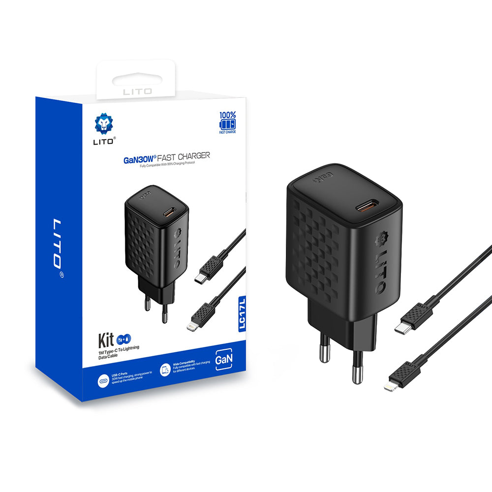 Nettlader med Lightning-kabel Lito LC17L, 30W, 3A, 1 x USB-C, Svart