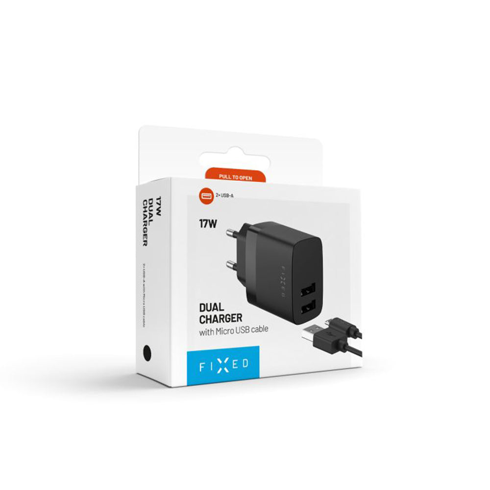 Nettlader med microUSB-kabel Fixed, 17W, 3A, 2 x USB-A, Svart