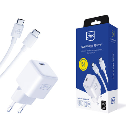 Nettlader med USB-C-kabel 3MK Hyper, 25W, 3A, 1 x USB-C, Hvit
