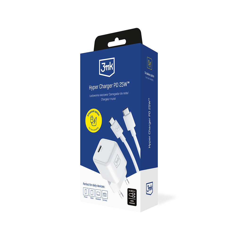 Nettlader med USB-C-kabel 3MK Hyper, 25W, 3A, 1 x USB-C, Hvit