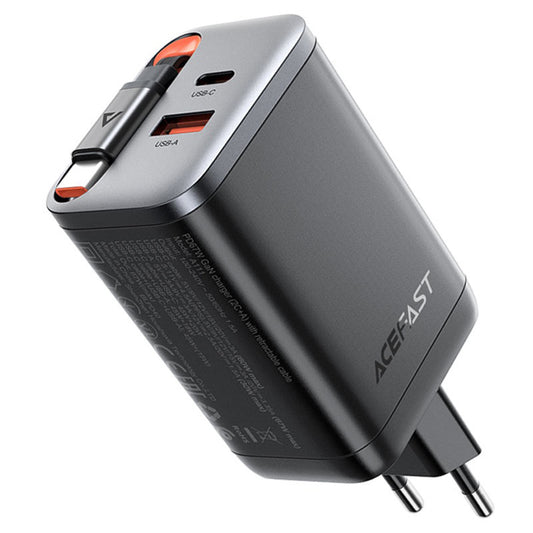 Nettlader med USB-C-kabel Acefast A111, 67W, 3A, 1 x USB-A - 1 x USB-C, Svart
