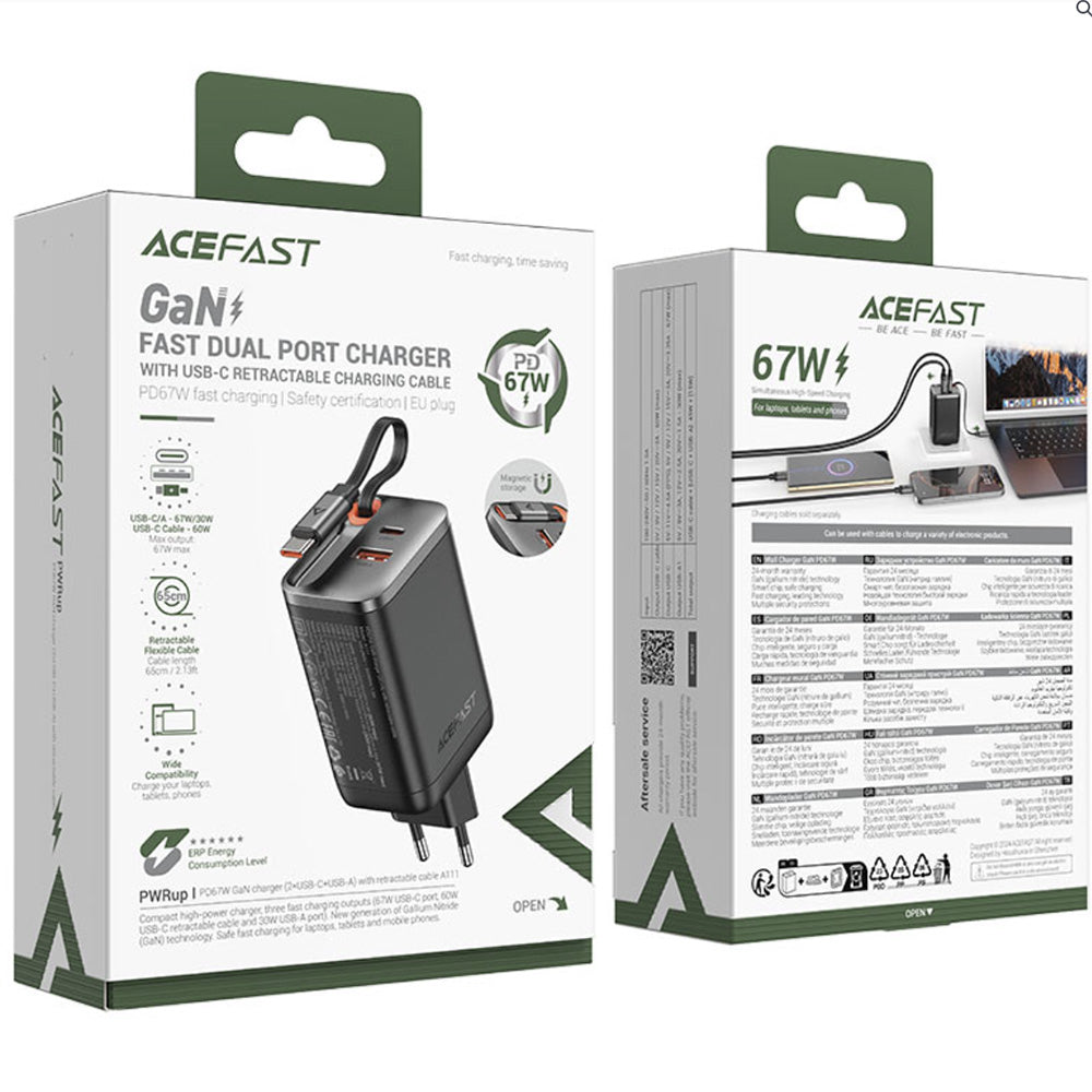 Nettlader med USB-C-kabel Acefast A111, 67W, 3A, 1 x USB-A - 1 x USB-C, Svart