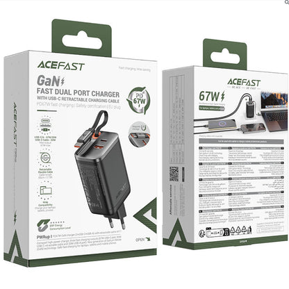 Nettlader med USB-C-kabel Acefast A111, 67W, 3A, 1 x USB-A - 1 x USB-C, Svart