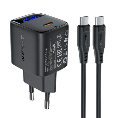 Nettlader med USB-C-kabel Acefast A113 Display, 20W, 3A, 1 x USB-C, Svart