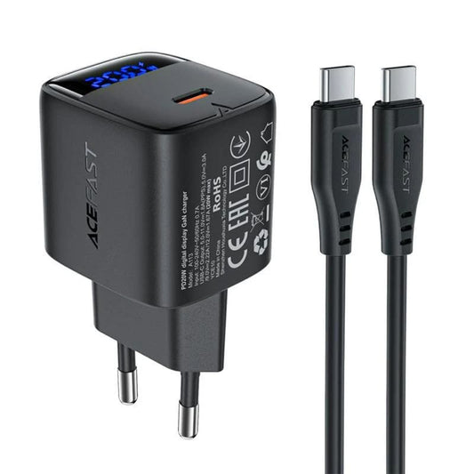 Nettlader med USB-C-kabel Acefast A113 Display, 20W, 3A, 1 x USB-C, Svart