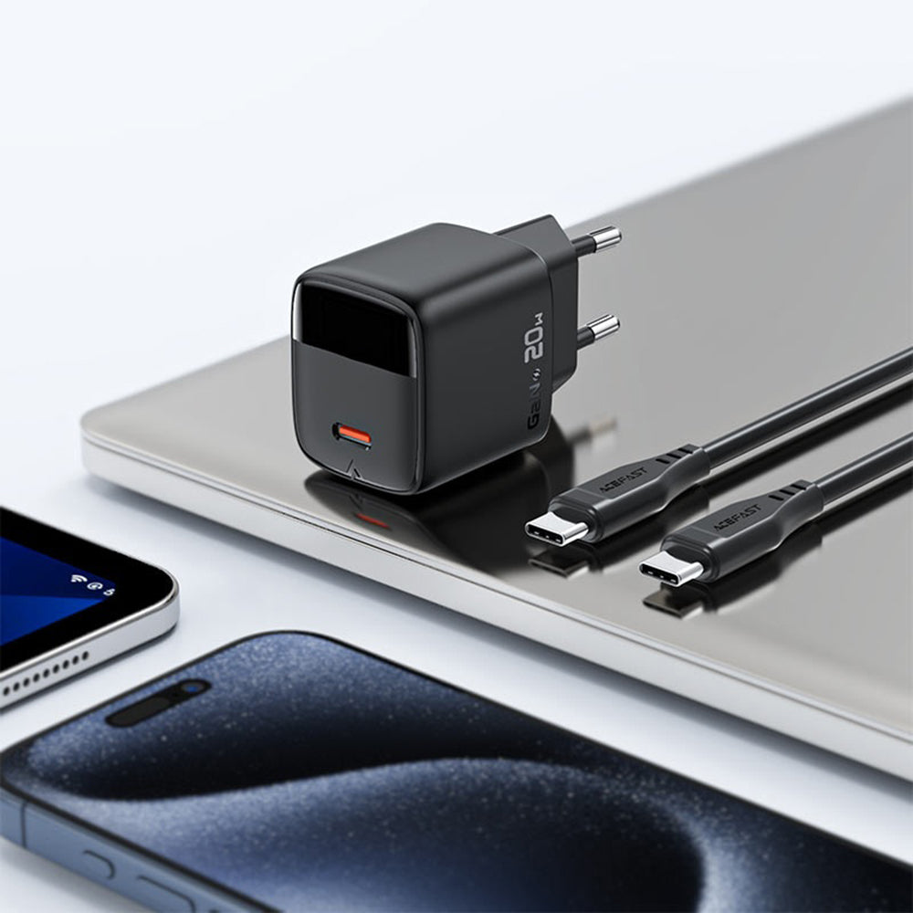 Nettlader med USB-C-kabel Acefast A113 Display, 20W, 3A, 1 x USB-C, Svart