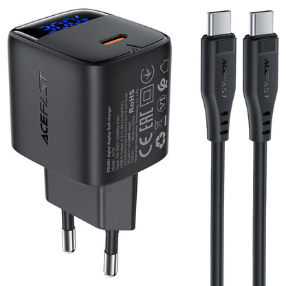 Nettlader med USB-C-kabel Acefast A115 Display, 30W, 3A, 1 x USB-C, Svart