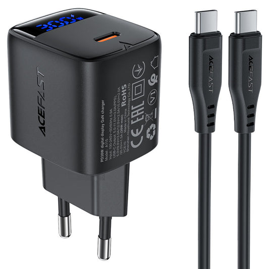 Nettlader med USB-C-kabel Acefast A115 Display, 30W, 3A, 1 x USB-C, Svart