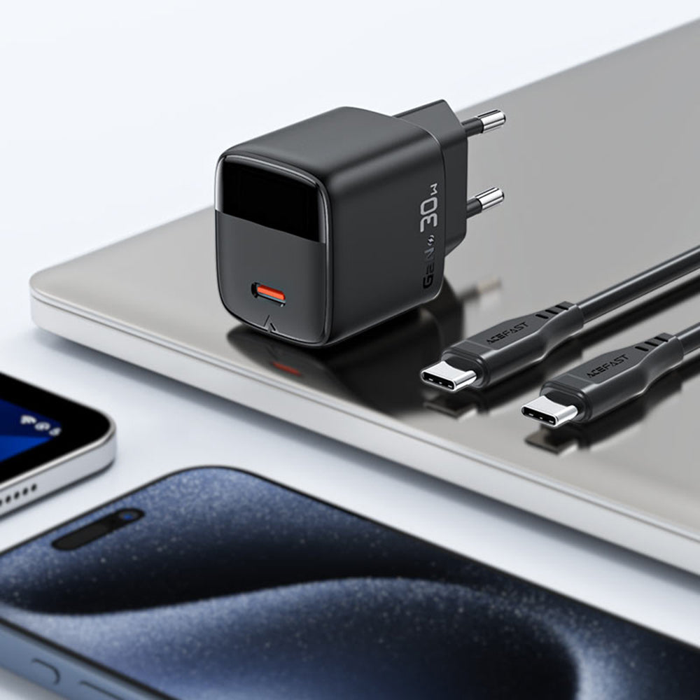 Nettlader med USB-C-kabel Acefast A115 Display, 30W, 3A, 1 x USB-C, Svart