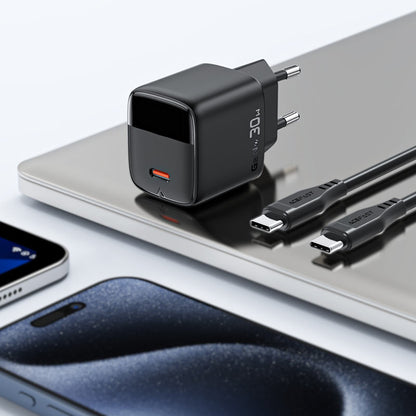 Nettlader med USB-C-kabel Acefast A115 Display, 30W, 3A, 1 x USB-C, Svart