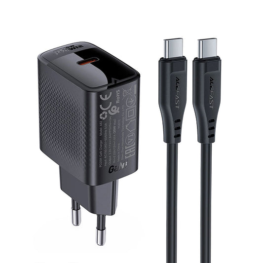 Nettlader med USB-C-kabel Acefast A82, 20W, 3A, 1 x USB-C, Svart