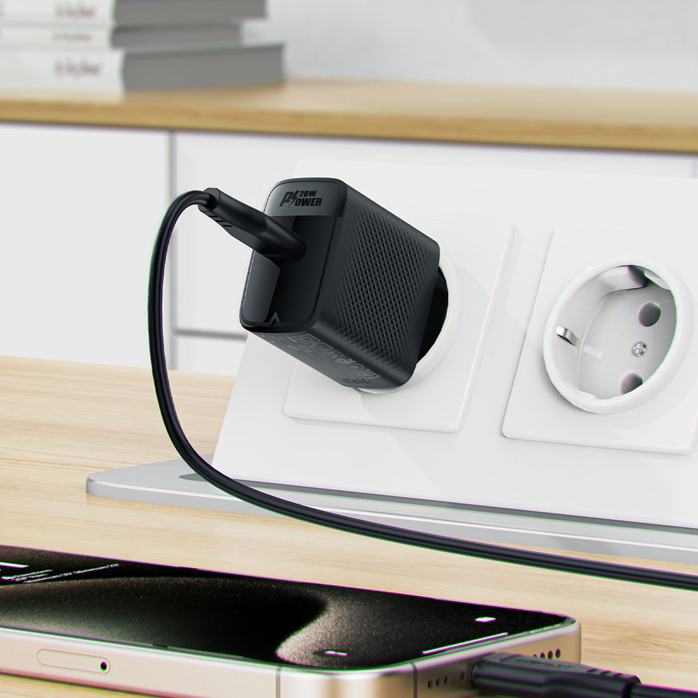 Nettlader med USB-C-kabel Acefast A82, 20W, 3A, 1 x USB-C, Svart