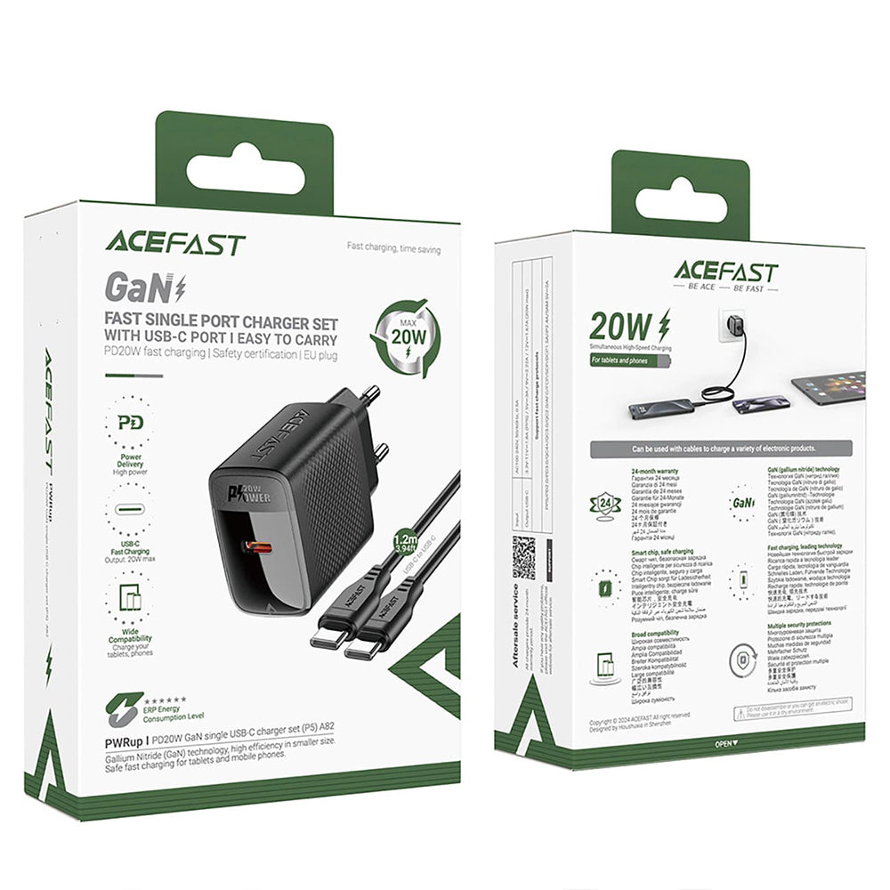 Nettlader med USB-C-kabel Acefast A82, 20W, 3A, 1 x USB-C, Svart