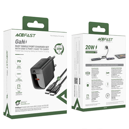 Nettlader med USB-C-kabel Acefast A82, 20W, 3A, 1 x USB-C, Svart