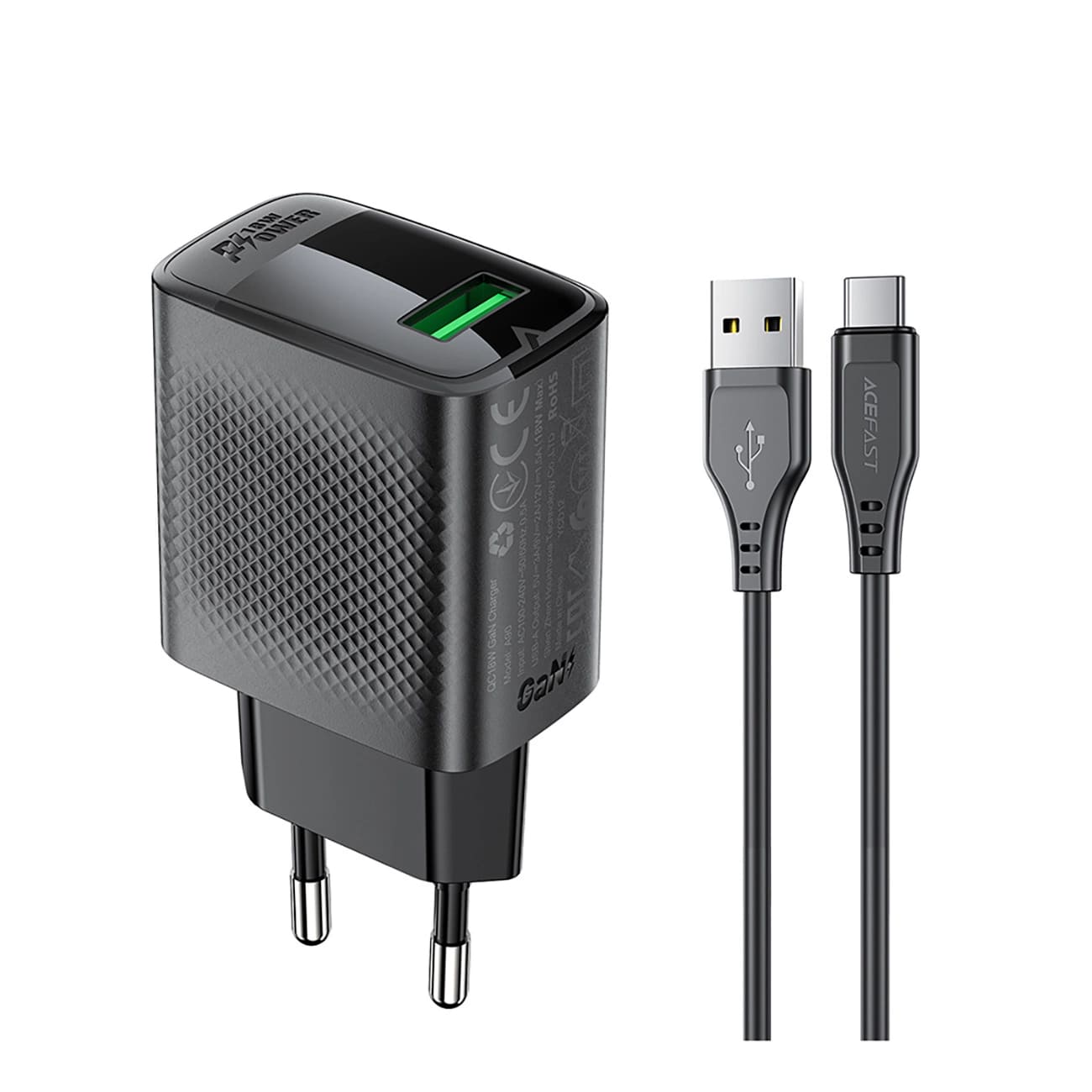 Nettlader med USB-C-kabel Acefast A90, 18W, 3A, 1 x USB-A, Svart