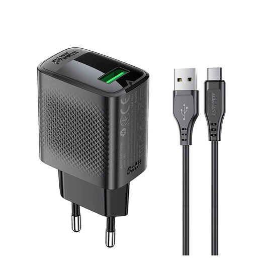 Nettlader med USB-C-kabel Acefast A90, 18W, 3A, 1 x USB-A, Svart