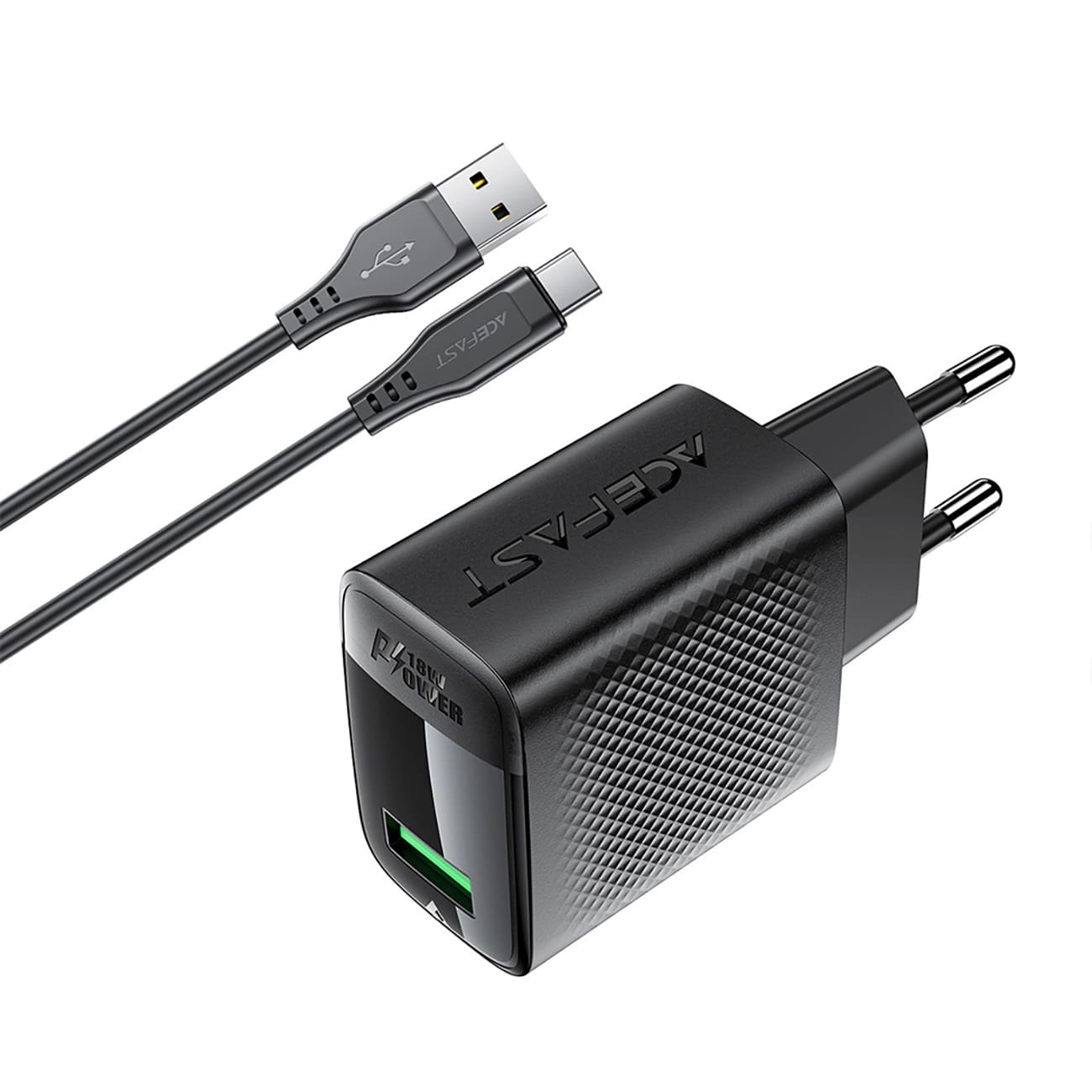 Nettlader med USB-C-kabel Acefast A90, 18W, 3A, 1 x USB-A, Svart