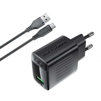 Nettlader med USB-C-kabel Acefast A90, 18W, 3A, 1 x USB-A, Svart