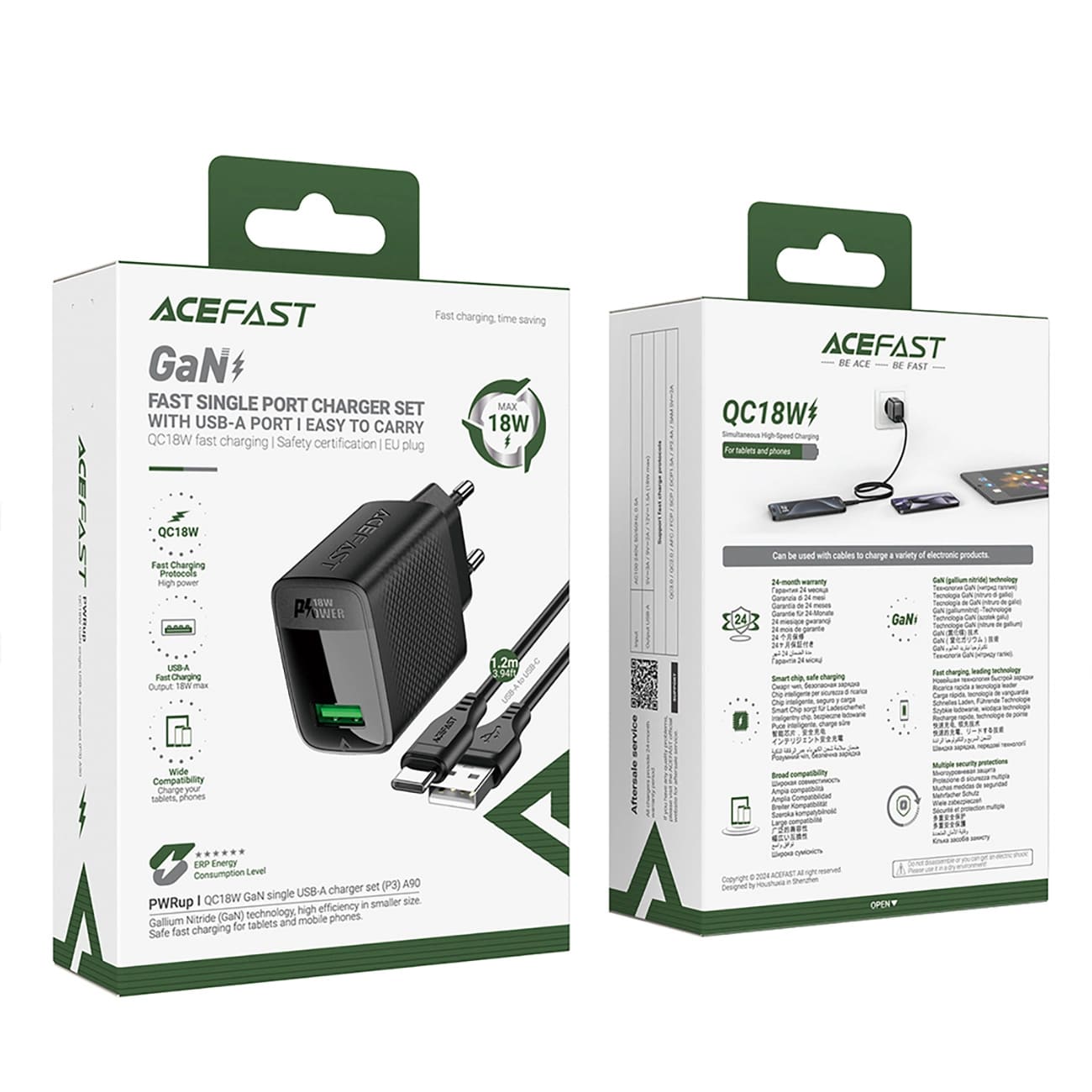 Nettlader med USB-C-kabel Acefast A90, 18W, 3A, 1 x USB-A, Svart