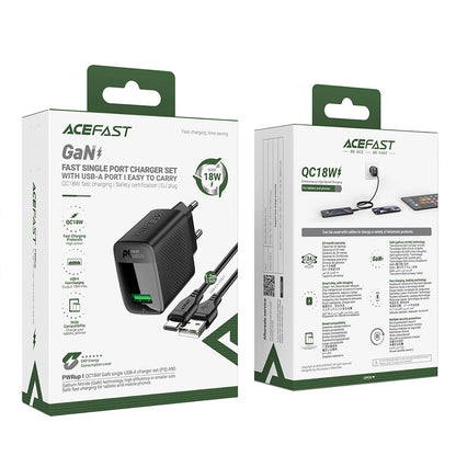 Nettlader med USB-C-kabel Acefast A90, 18W, 3A, 1 x USB-A, Svart