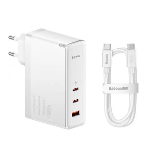 Nettlader med USB-C-kabel Baseus GaN5 Pro, 140W, 5A, 1 x USB-A - 2 x USB-C, Hvit CCGP100202