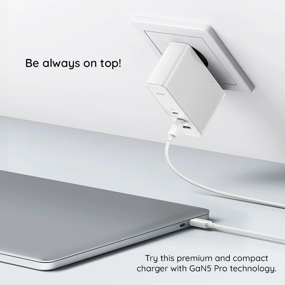 Nettlader med USB-C-kabel Baseus GaN5 Pro, 140W, 5A, 1 x USB-A - 2 x USB-C, Hvit CCGP100202