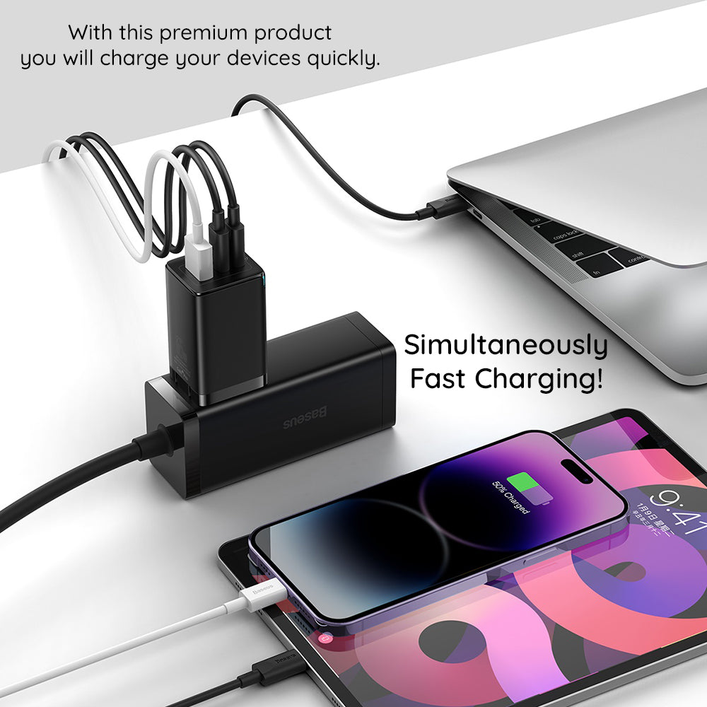 Nettlader med USB-C-kabel Baseus GaN5 Pro, 65W, 3.25A, 1 x USB-A - 2 x USB-C, Svart C0206500