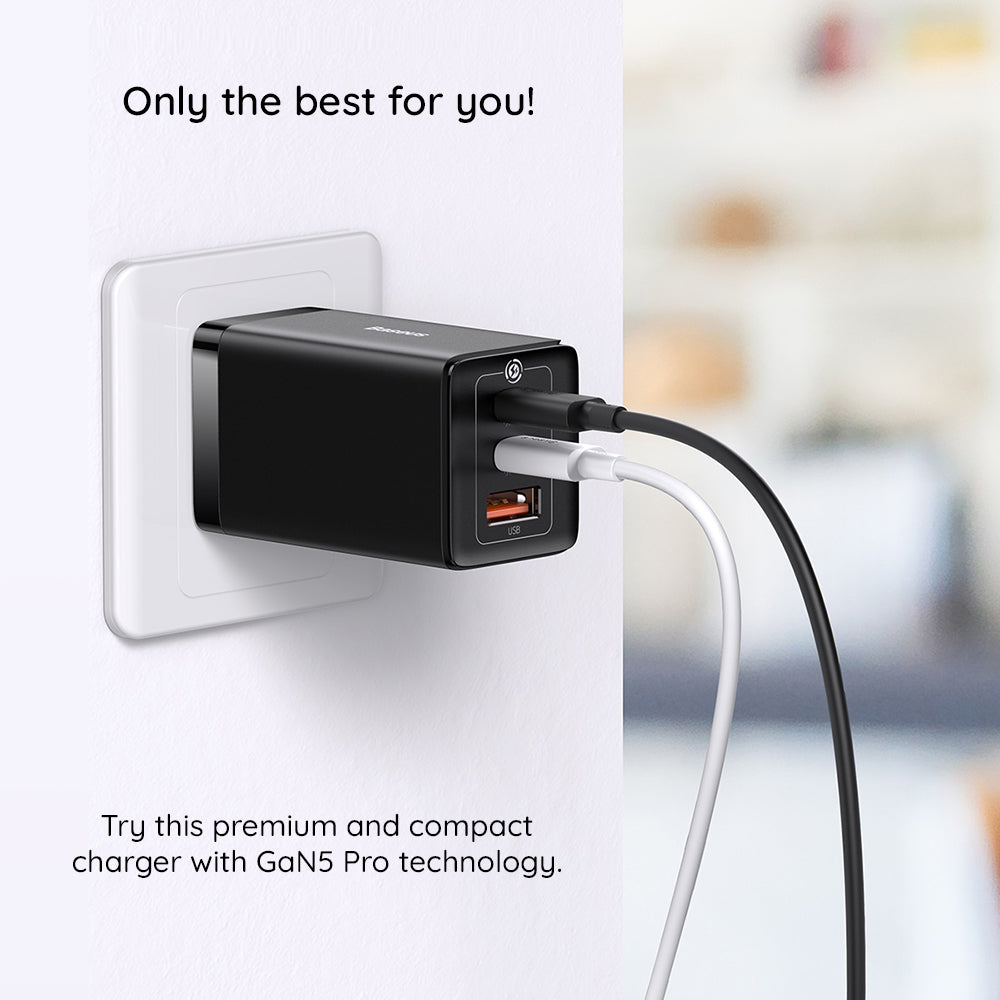 Nettlader med USB-C-kabel Baseus GaN5 Pro, 65W, 3.25A, 1 x USB-A - 2 x USB-C, Svart C0206500