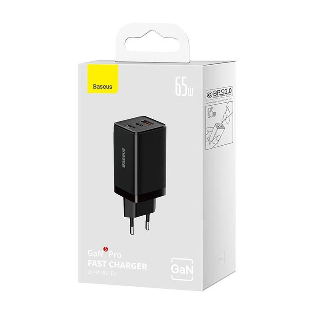 Nettlader med USB-C-kabel Baseus GaN5 Pro, 65W, 3.25A, 1 x USB-A - 2 x USB-C, Svart C0206500