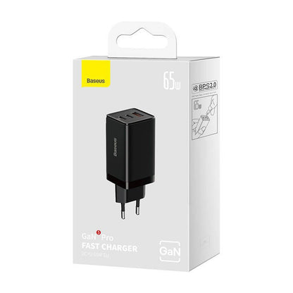 Nettlader med USB-C-kabel Baseus GaN5 Pro, 65W, 3.25A, 1 x USB-A - 2 x USB-C, Svart C0206500
