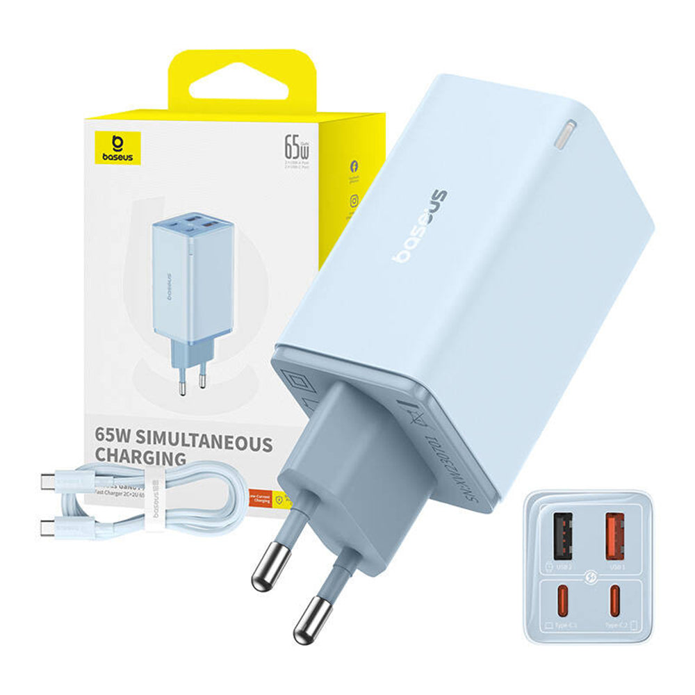 Nettlader med USB-C-kabel Baseus GaN6 Pro, 65W, 3.25A, 2 x USB-A - 2 x USB-C, Blå E0121D00
