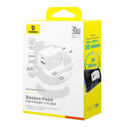 Nettlader med USB-C-kabel Baseus Palm, 30W, 3A, 1 x USB-A - 1 x USB-C, Hvit P1011160A213-01