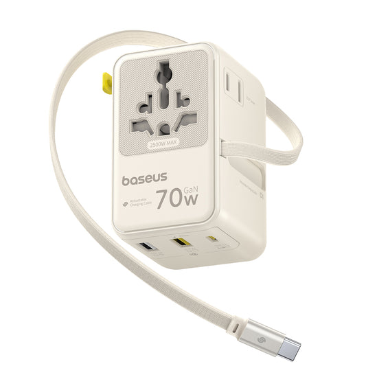 Nettlader med USB-C-kabel Baseus Travel EnerCore CG11, 70W, 2 x stikkontakt - 1 x USB-C - 2 x USB-A, hvit E0307E01