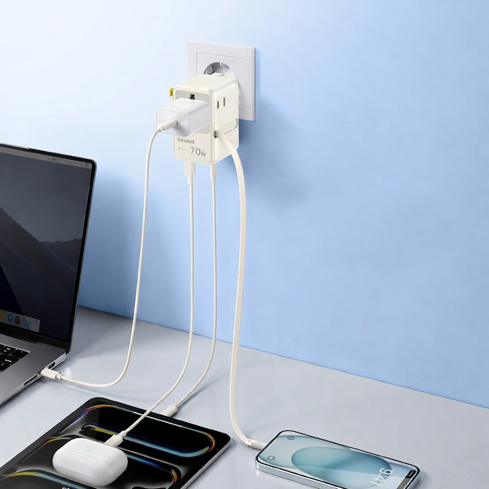 Nettlader med USB-C-kabel Baseus Travel EnerCore CG11, 70W, 2 x stikkontakt - 1 x USB-C - 2 x USB-A, hvit E0307E01