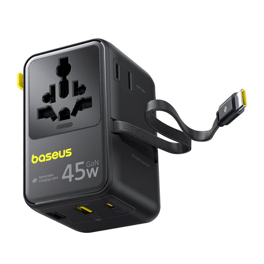 Nettlader med USB-C-kabel Baseus Travel PicoGo AG11, 45W, 2 x Stikkontakt - 1 x USB-C - 2 x USB-A, Svart E0307F00