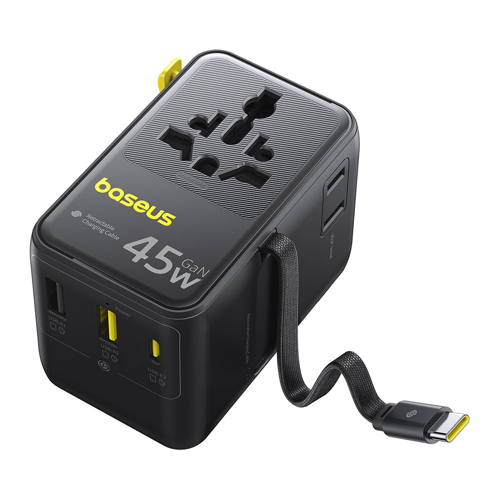 Nettlader med USB-C-kabel Baseus Travel PicoGo AG11, 45W, 2 x Stikkontakt - 1 x USB-C - 2 x USB-A, Svart E0307F00