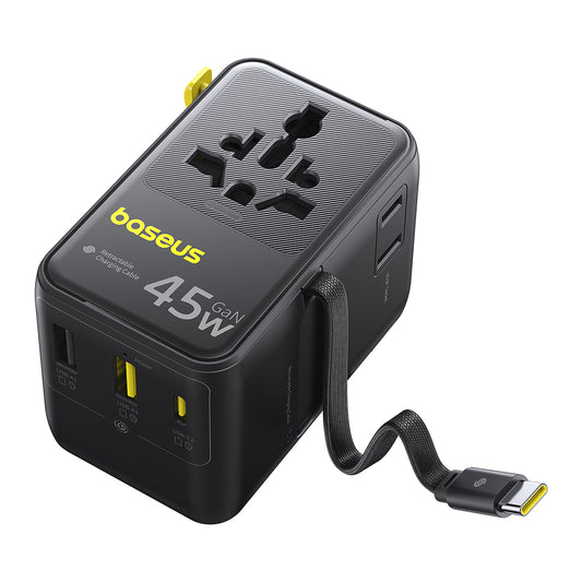 Nettlader med USB-C-kabel Baseus Travel PicoGo AG11, 45W, 2 x Stikkontakt - 1 x USB-C - 2 x USB-A, Svart E0307F00