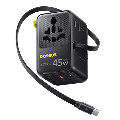 Nettlader med USB-C-kabel Baseus Travel PicoGo AG11, 45W, 2 x Stikkontakt - 1 x USB-C - 2 x USB-A, Svart E0307F00
