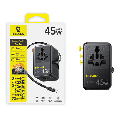 Nettlader med USB-C-kabel Baseus Travel PicoGo AG11, 45W, 2 x Stikkontakt - 1 x USB-C - 2 x USB-A, Svart E0307F00