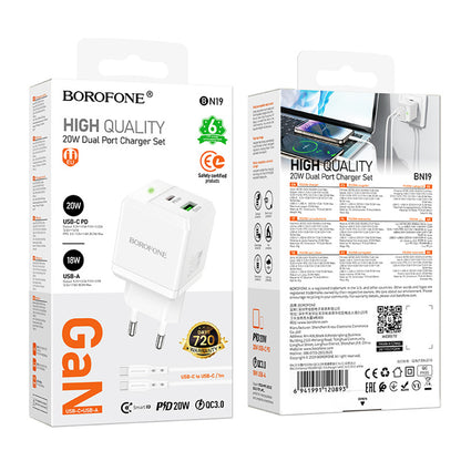 Nettlader med USB-C-kabel Borofone BN19 Intenso, 20W, 3A, 1 x USB-A - 1 x USB-C, Hvit