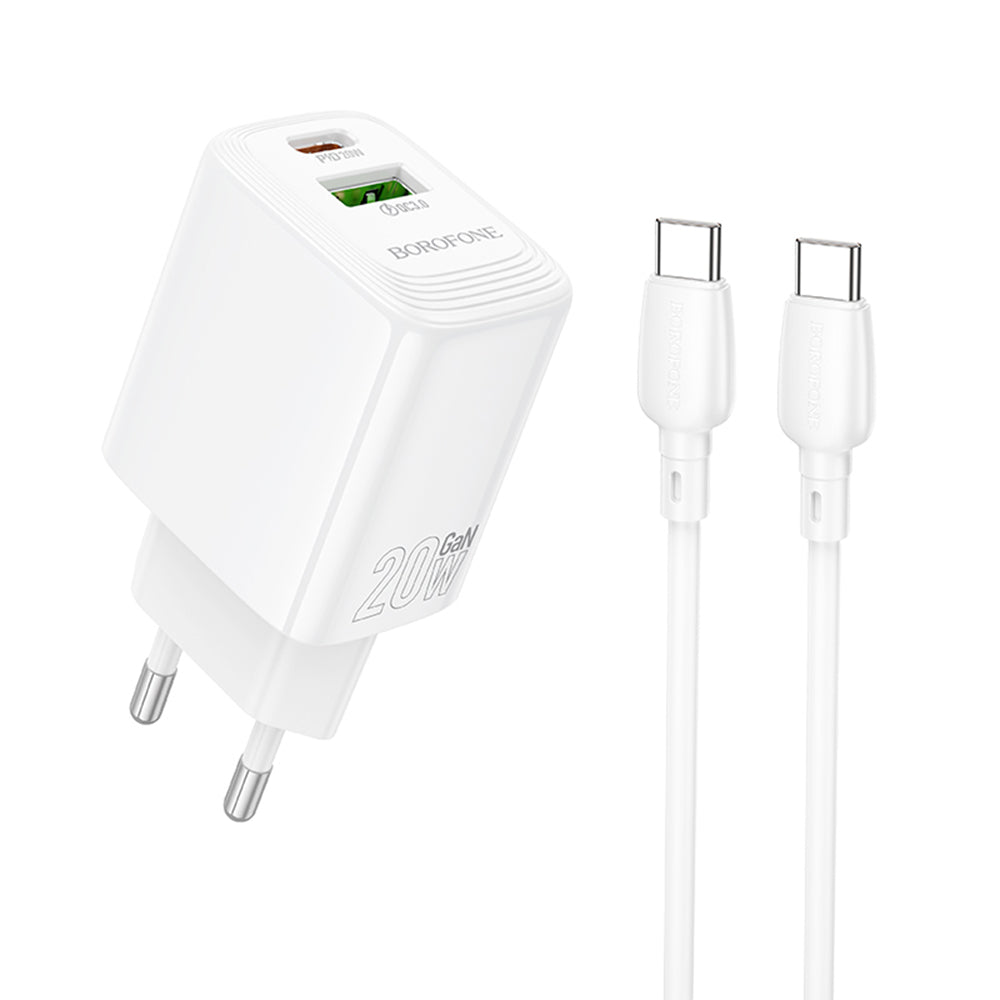 Nettlader med USB-C-kabel Borofone BN27 Fuente, 20W, 3A, 1 x USB-A - 1 x USB-C, Hvit