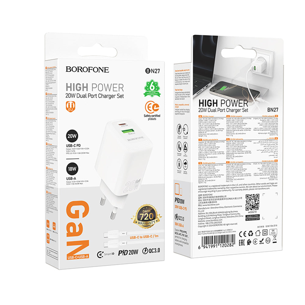Nettlader med USB-C-kabel Borofone BN27 Fuente, 20W, 3A, 1 x USB-A - 1 x USB-C, Hvit