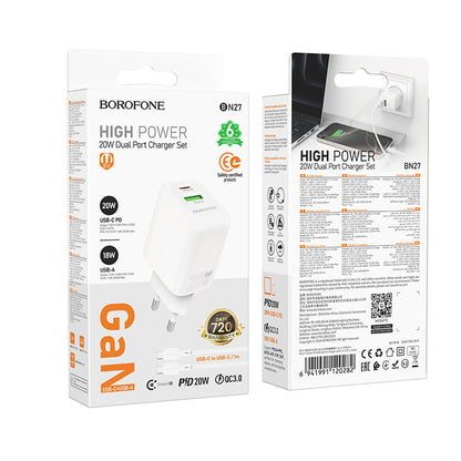Nettlader med USB-C-kabel Borofone BN27 Fuente, 20W, 3A, 1 x USB-A - 1 x USB-C, Hvit