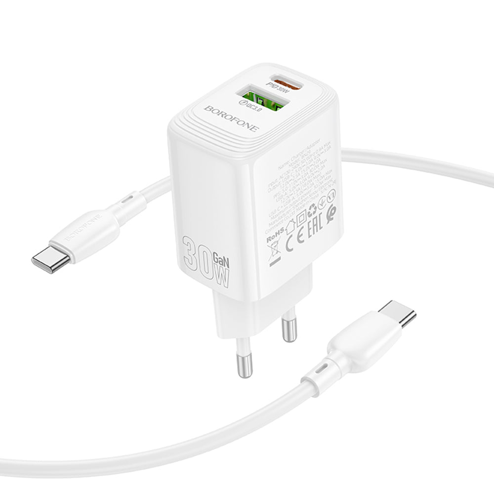 Nettlader med USB-C-kabel Borofone BN29 Fuente, 30W, 3A, 1 x USB-A - 1 x USB-C, Hvit