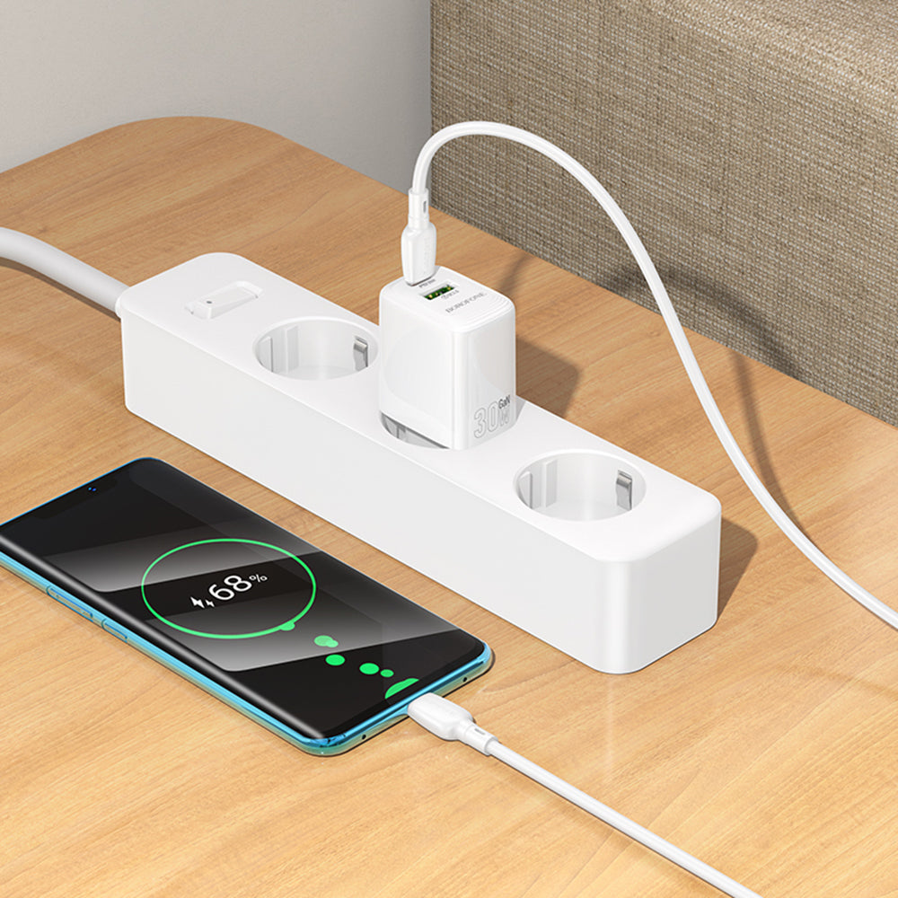 Nettlader med USB-C-kabel Borofone BN29 Fuente, 30W, 3A, 1 x USB-A - 1 x USB-C, Hvit