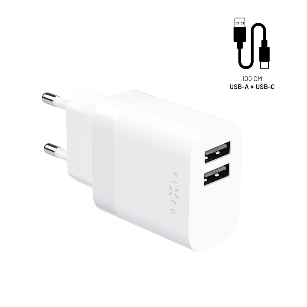 Nettlader med USB-C-kabel Fixed, 17W, 3A, 2 x USB-A, Hvit