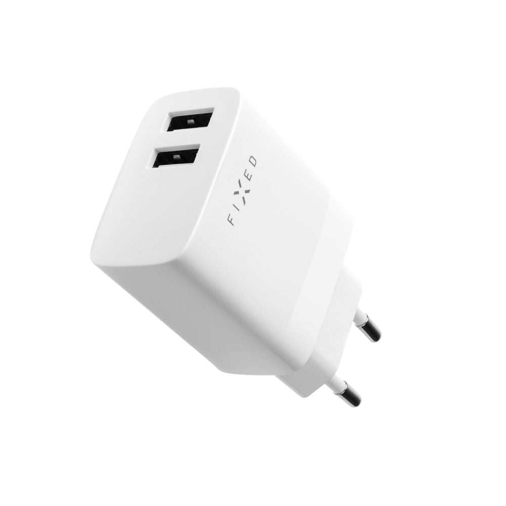 Nettlader med USB-C-kabel Fixed, 17W, 3A, 2 x USB-A, Hvit