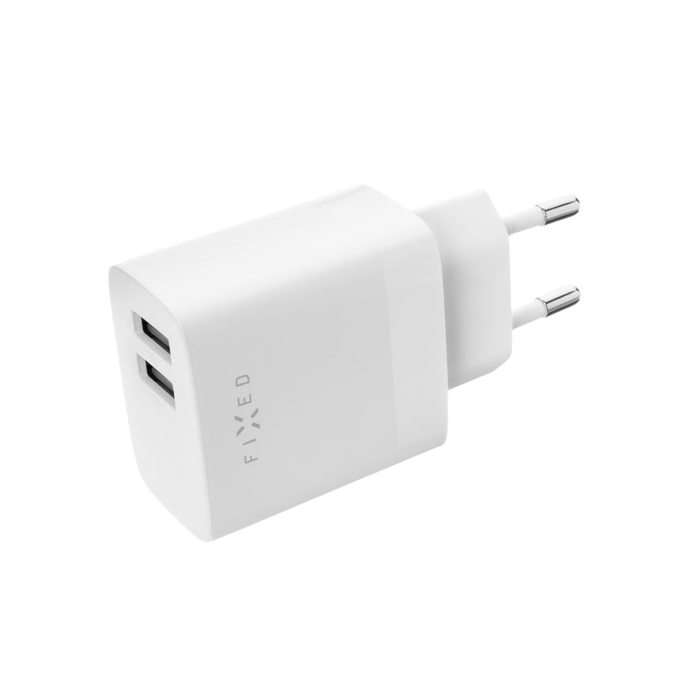 Nettlader med USB-C-kabel Fixed, 17W, 3A, 2 x USB-A, Hvit