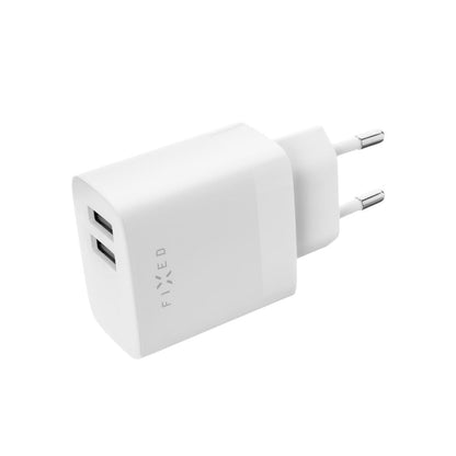 Nettlader med USB-C-kabel Fixed, 17W, 3A, 2 x USB-A, Hvit